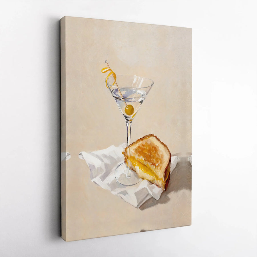 Martini and Grilled Cheese Still Life Canvas | Gourmet Food Kitchen Wall Art | Premium Gallery Wrap Print | Modern Decor Gift for Foodies