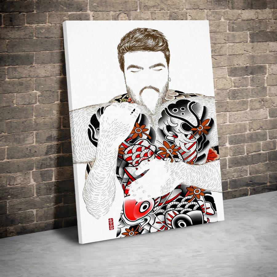 Japanese Koi Tattoo Art Canvas | Bearded Man Illustration | Premium Gallery Wrapped Print | Masculine Wall Decor for Modern Home