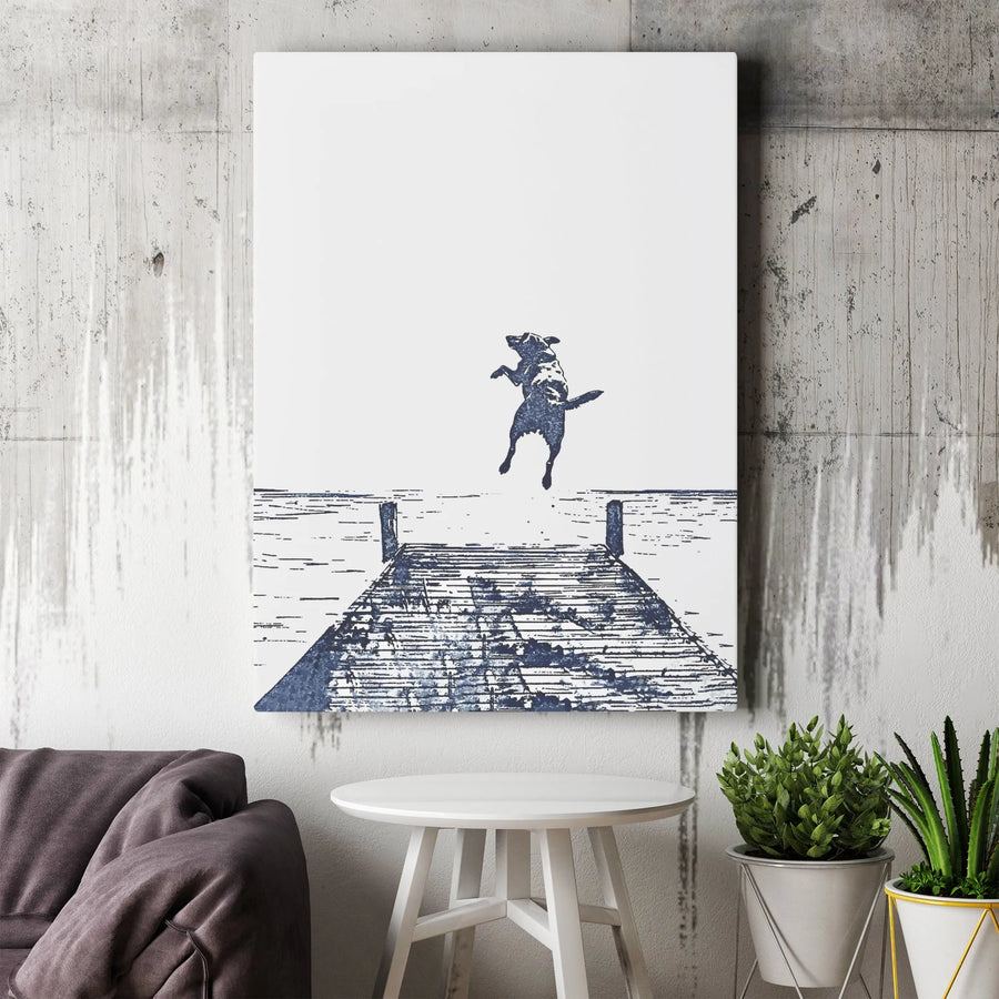 Dog Jumping Off Dock Canvas Art | Minimalist Sketch Wall Decor | 1.25 Inch Premium Gallery Wrap | Modern Pet Lover Home Gift