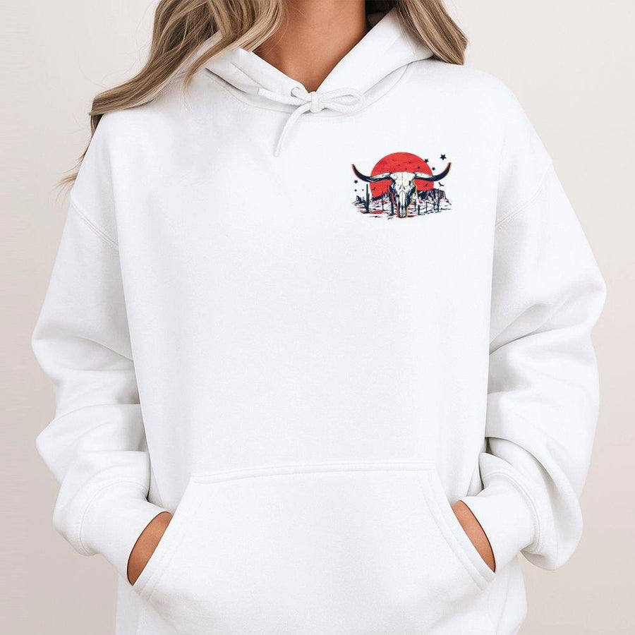 Western Cow Skull Hoodie | Desert Sunset Graphic Print | Premium Cotton Blend | Unisex Cowboy Aesthetic Gift for Ranchers and Country Music Fans