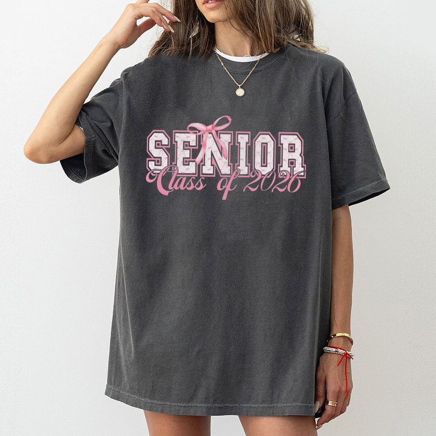 Senior Class of 2026 T-Shirt | Pink Bow Varsity Graduation Design | 100% Cotton Premium Tee | Cute School Spirit Outfit for High School Graduates