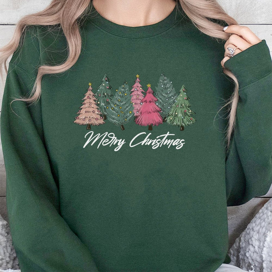 Merry Christmas Sweatshirt | Pink Aesthetic Christmas Tree Design | Premium Cotton Blend Crewneck | Cute Holiday Gift For Her