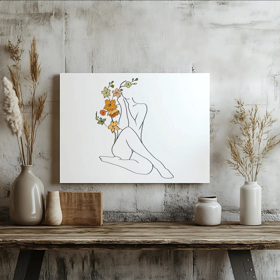 Minimalist Woman Line Art Canvas | Abstract Floral Body Portrait | Premium Gallery Wrap Wall Decor | Boho Aesthetic Art Gift For Her