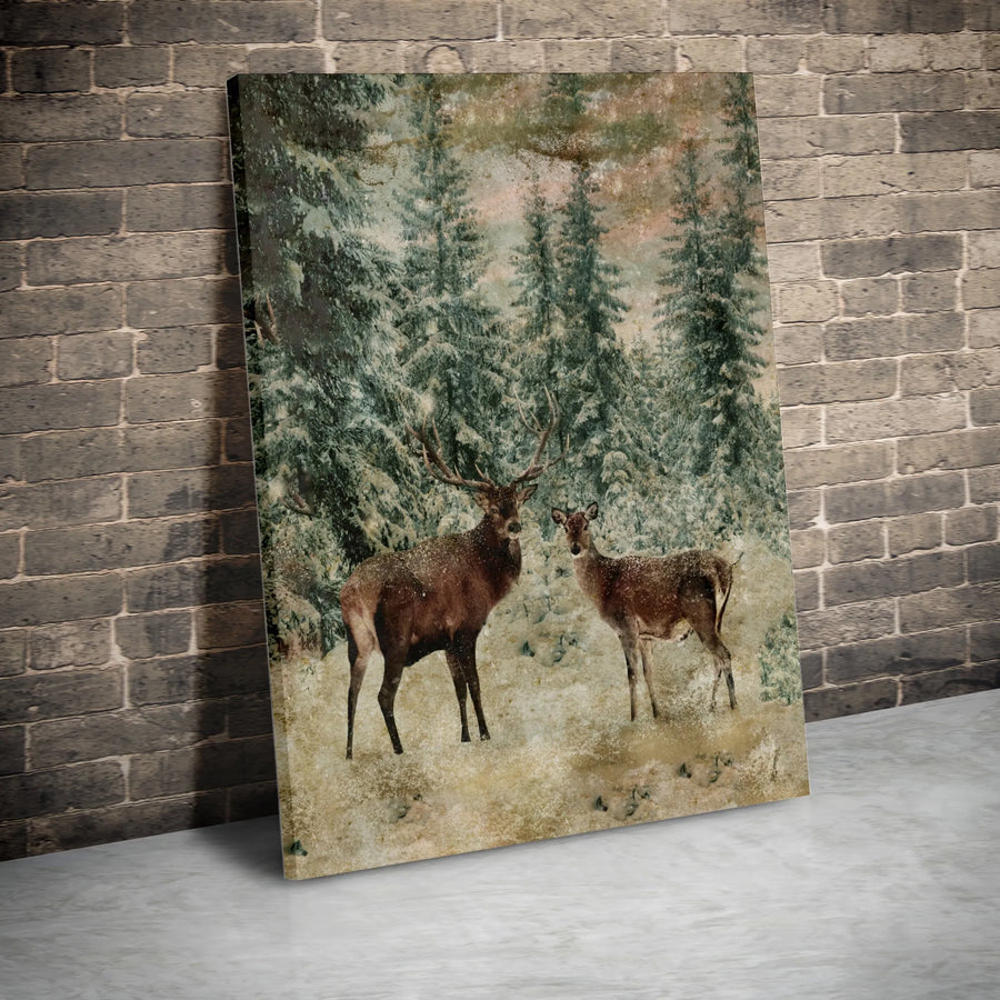 Winter Deer Wall Art | Stag And Doe Snowy Forest Print | Gallery-Quality 1.25-Inch Canvas | Rustic Home Decor Gift For Nature Lovers