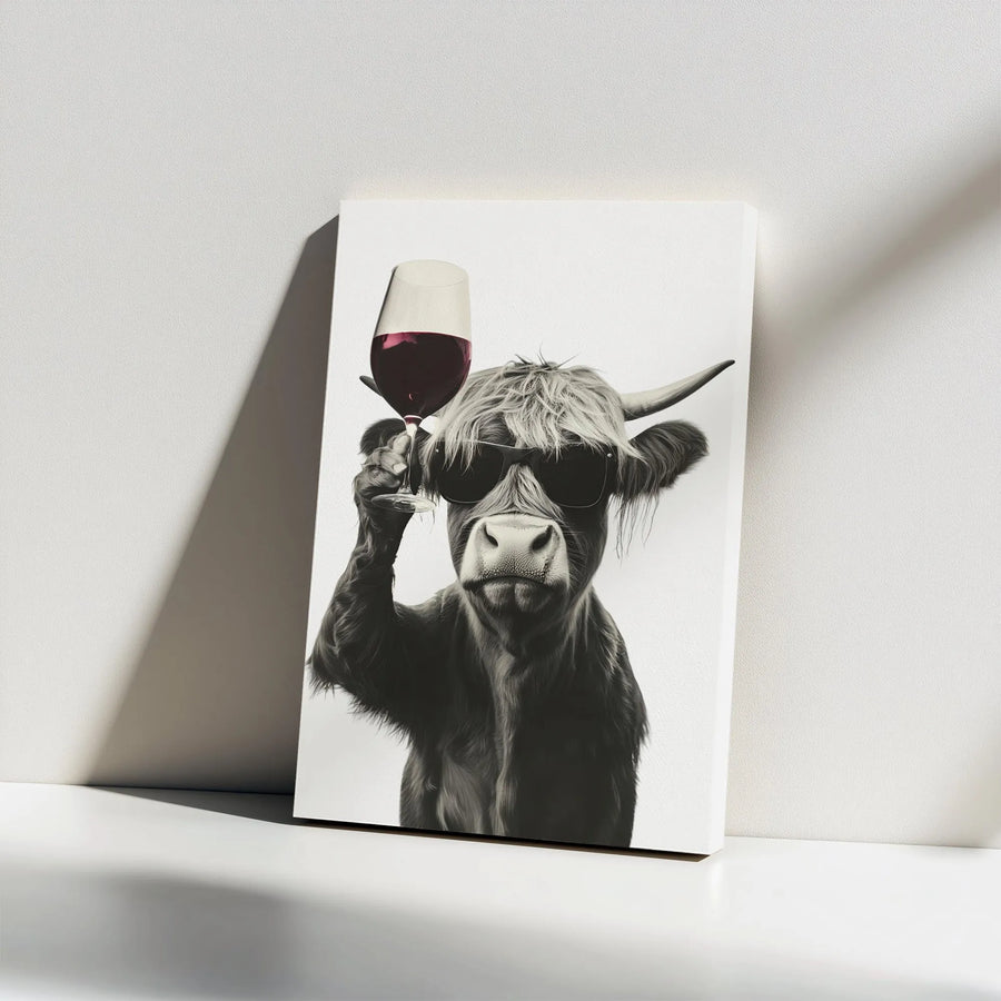 Highland Cow Canvas Wall Art | Cow in Sunglasses Drinking Red Wine | Premium Thick Gallery Wrap | Modern Bar or Kitchen Decor Gift