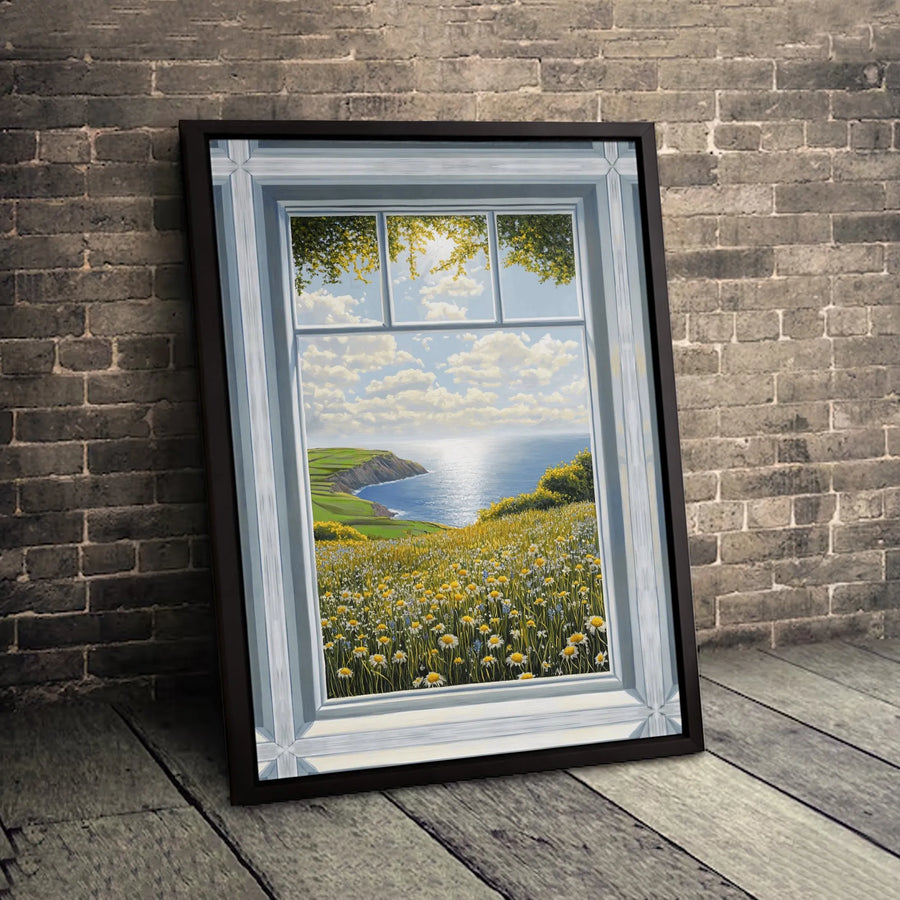 Coastal Window View Canvas Wall Art | Daisy Field Ocean Landscape | Gallery-Wrapped Premium Print | Calming Nature Decor for Living Room