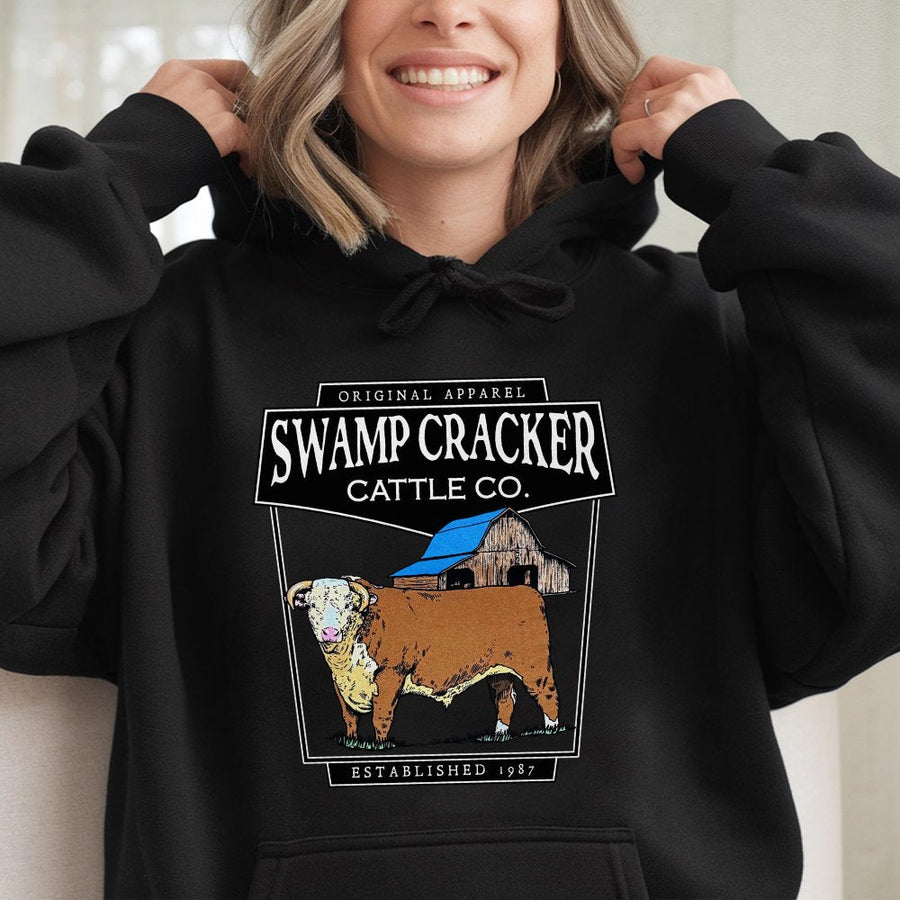 Swamp Cracker Cattle Co Hoodie | Western Ranch Farmhouse Bull Graphic | Premium Cotton-Blend Pullover | Country Style Gift for Farmers & Ranchers