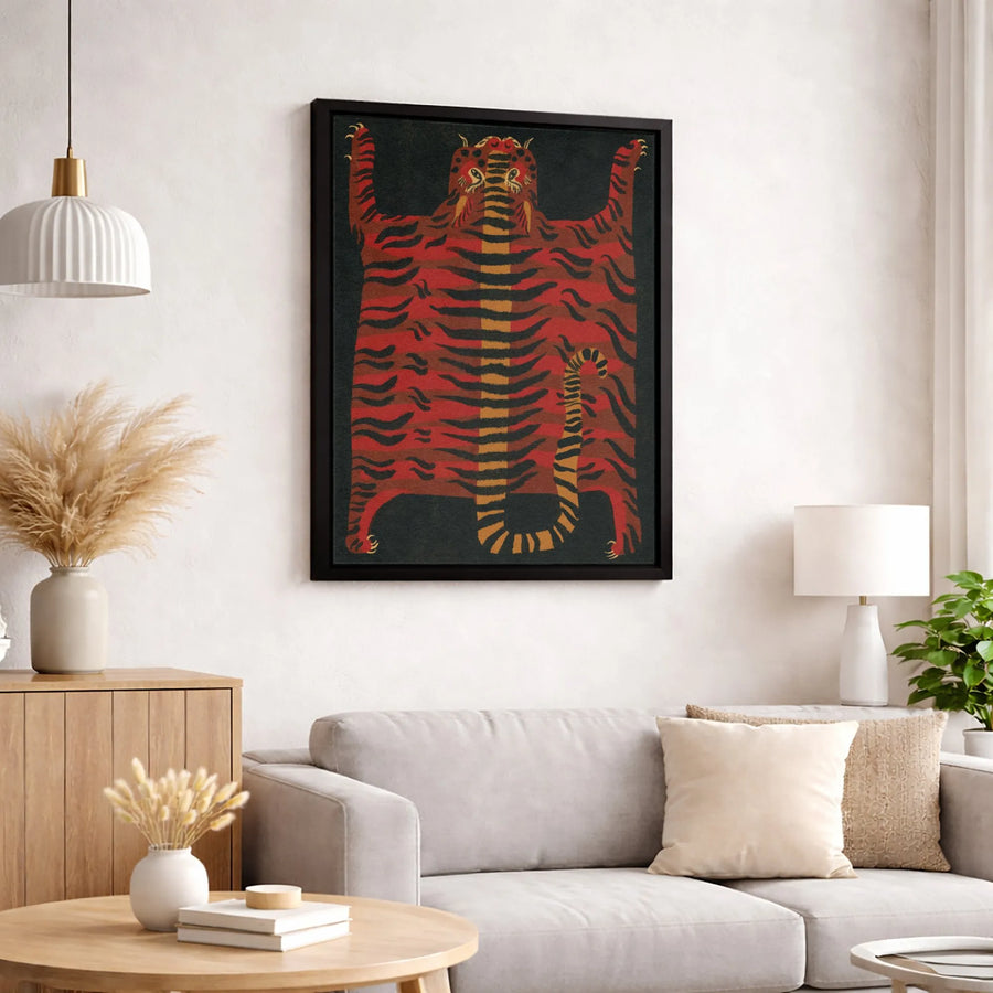 Tibetan Tiger Wall Art Print | Mid Century Modern Folk Motif | Premium Gallery Wrapped Canvas | Eclectic Home Decor Gift for Animal Lovers