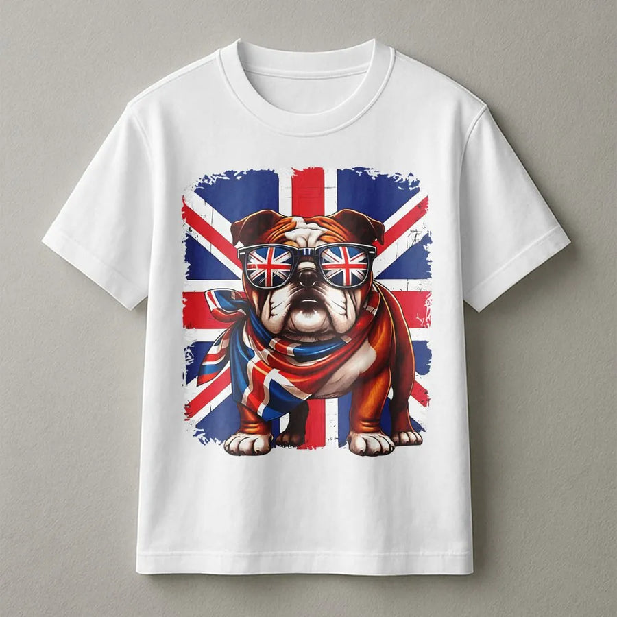 British Bulldog T-Shirt | Union Jack Dog Graphic With Sunglasses | 100% Cotton Premium Tee | Patriotic UK England Souvenir Gift For Dog Lovers