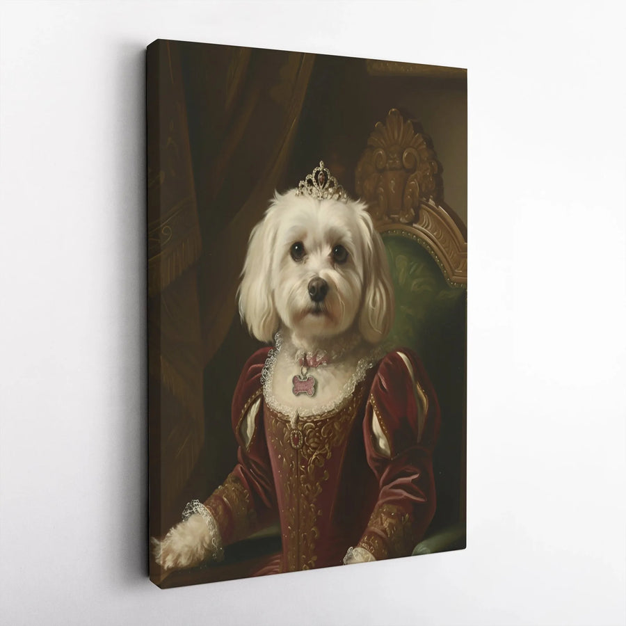 Royal Dog Portrait Canvas | Renaissance Queen Maltese Painting | Premium Gallery Wall Art | Unique Gift for Dog Lover