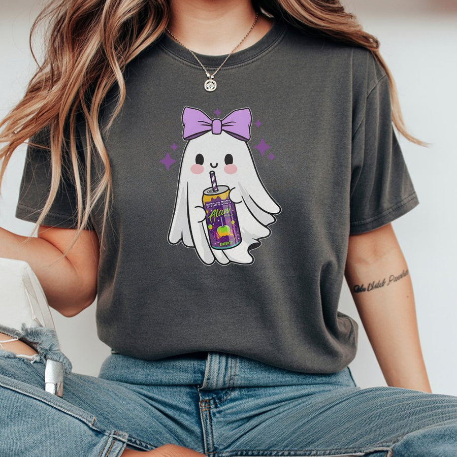 Cute Ghost Halloween T-Shirt | Kawaii Spooky Energy Drink Graphic | Premium Cotton Unisex Tee | Trendy Gift for Women & Girls