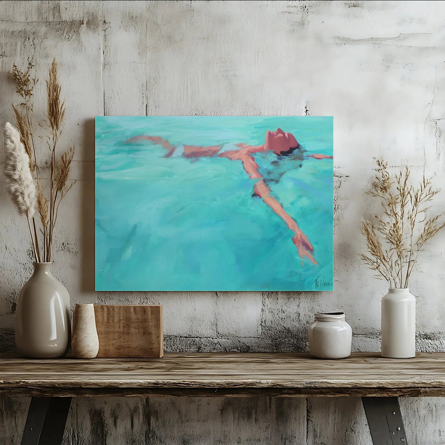Woman Floating in Water Canvas Print | Impressionist Style Pool Painting | Premium Gallery Wrap Art | Modern Living Room Wall Decor