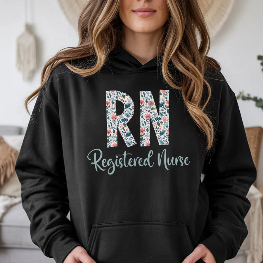 Registered Nurse Hoodie | Floral RN Lettering Design | Soft Cotton Tee | Premium Gift for Nursing School Graduate