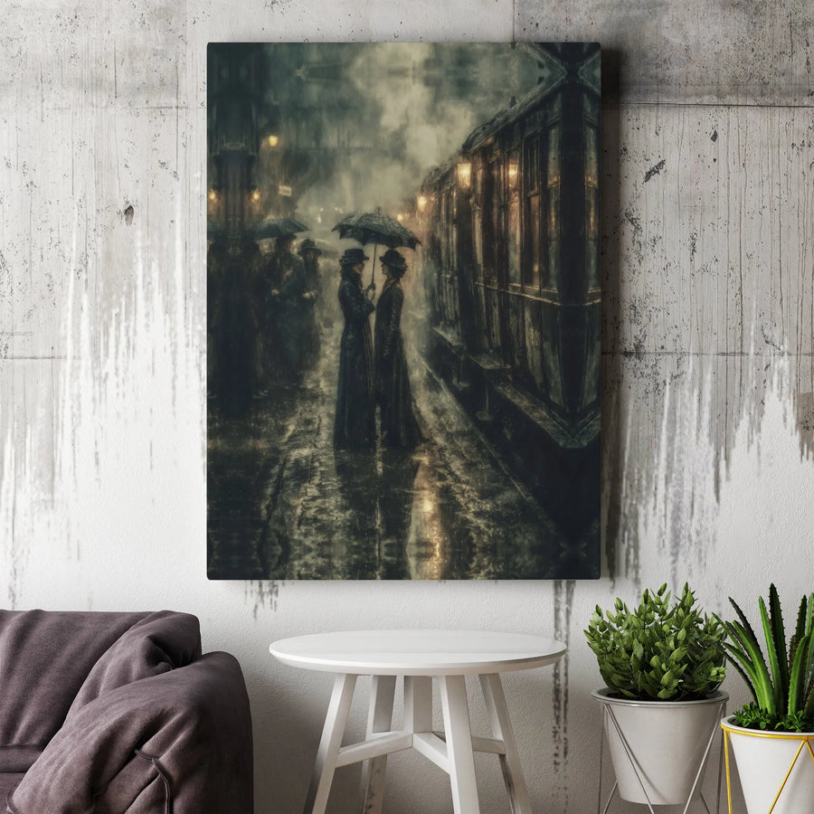 Victorian Rain Canvas Art | Moody Train Station Umbrella Scene | 1.25-Inch Gallery Wrap Print | Gothic Aesthetic Home Decor Gift