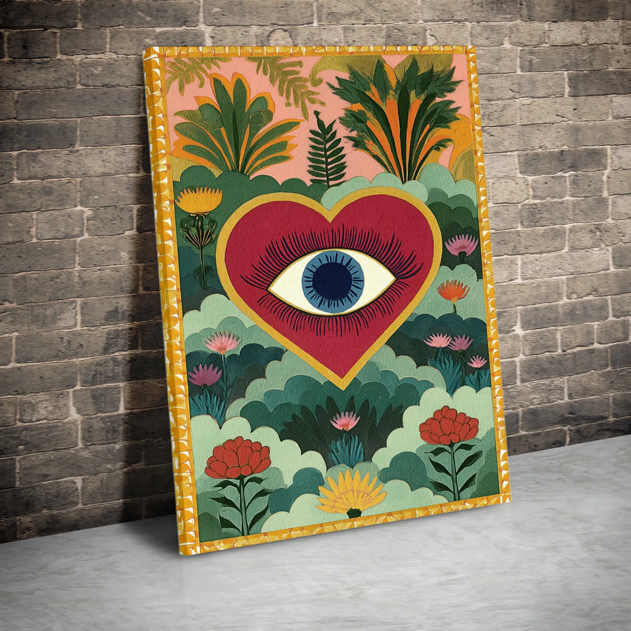 Evil Eye Heart Canvas Wall Art | Whimsical Botanical Garden Design | Premium Fade-Resistant Gallery Wrap | Spiritual Home Decor Gift