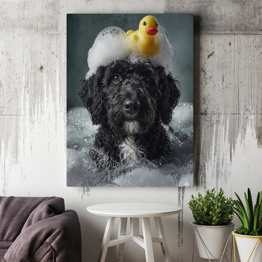 Black Dog Canvas Wall Art | Cute Puppy Bubble Bath with Rubber Duck | Premium Gallery Wrap Print | Whimsical Bathroom Home Decor