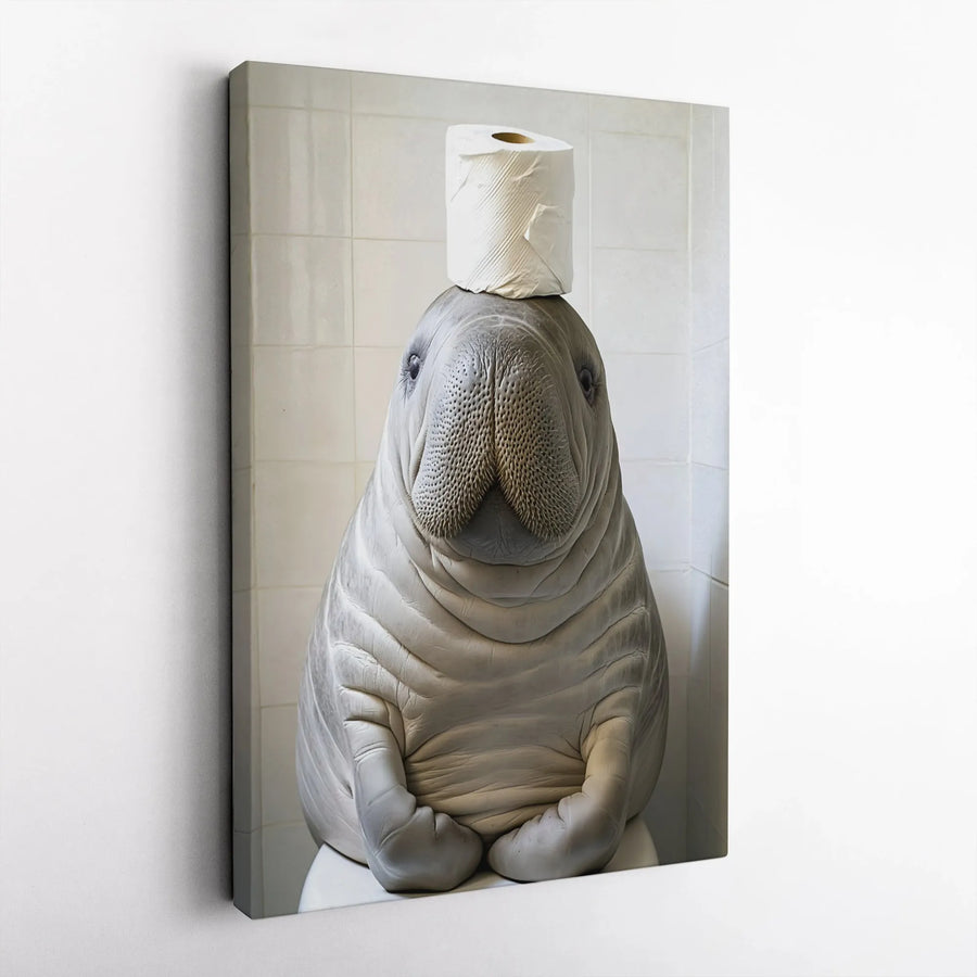 Funny Manatee Bathroom Wall Art | Quirky Seal With Toilet Paper Head | Gallery Wrap Premium Canvas | Unique Restroom Decor Gift for Him