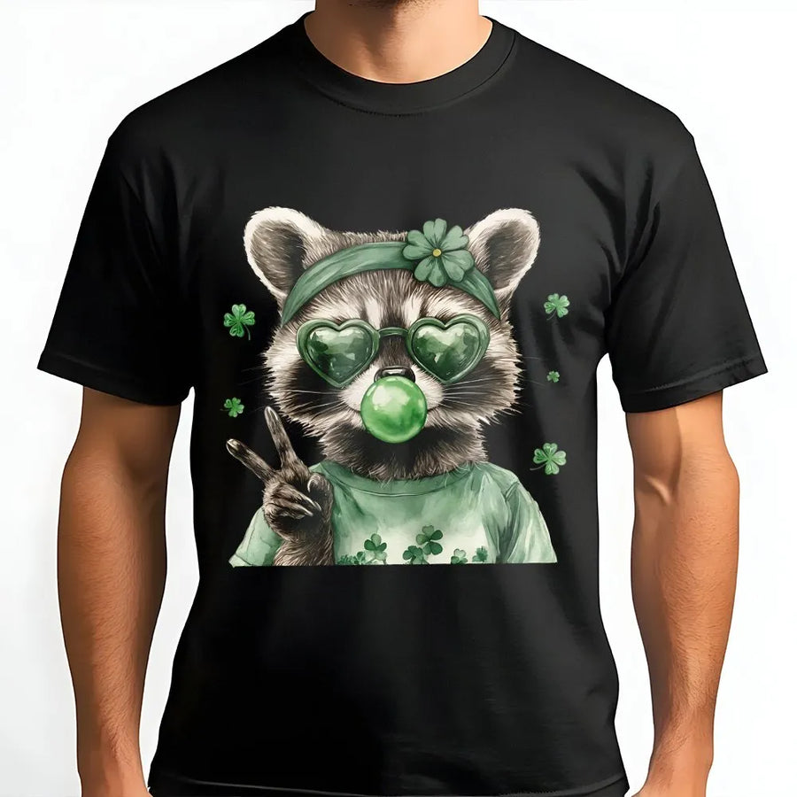 St. Patrick's Day Raccoon T-Shirt | Cute Bubblegum Raccoon with Shamrock Sunglasses | Soft Cotton Premium Graphic Tee | Fun Irish Festival Gift