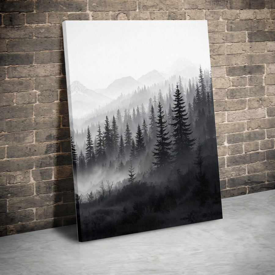 Misty Mountain Forest Canvas Wall Art | Black and White Landscape Print | 1.25 Inch Gallery Quality Depth | Minimalist Modern Home Decor Gift