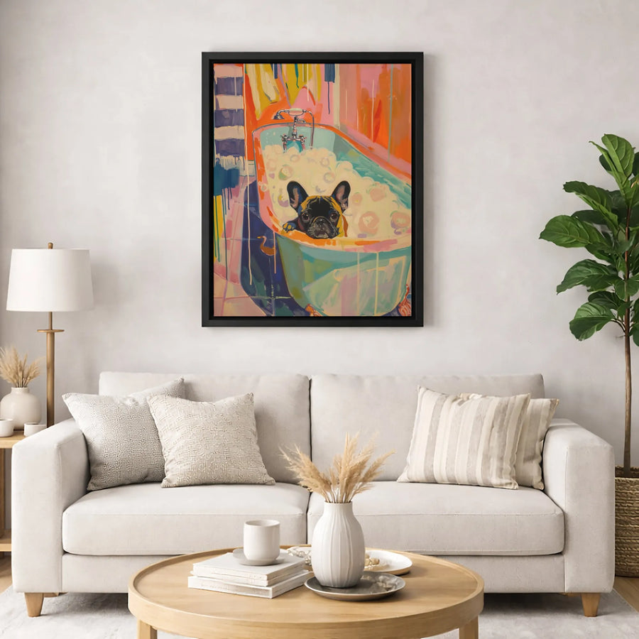 French Bulldog Canvas Art | Colorful Abstract Dog In Bathtub | Premium Fade-Resistant Gallery Print | Whimsical Pet Lover Gift