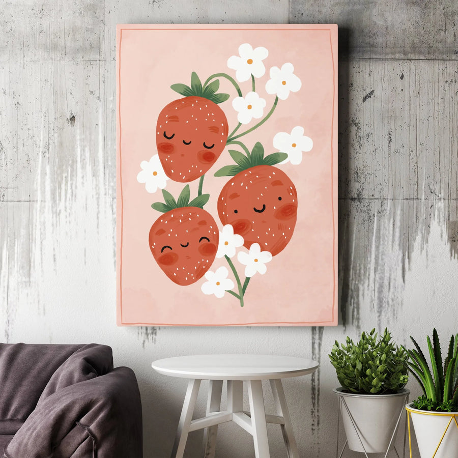 Cute Strawberry Wall Art | Kawaii Fruit Illustration Print | Premium 1.25" Gallery Canvas | Aesthetic Bedroom & Nursery Decor Gift
