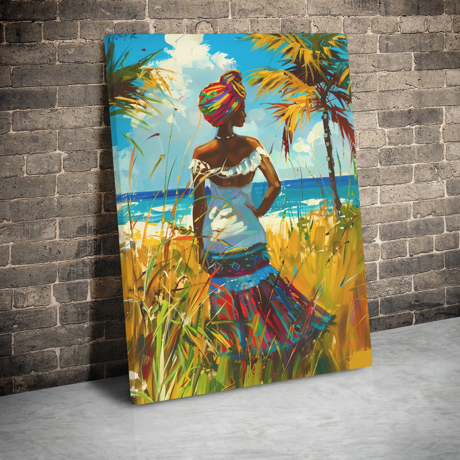 Black Woman Canvas Wall Art | Vibrant Tropical Beach Painting | Premium Gallery Wrap Print | Afrocentric Home Decor Gift