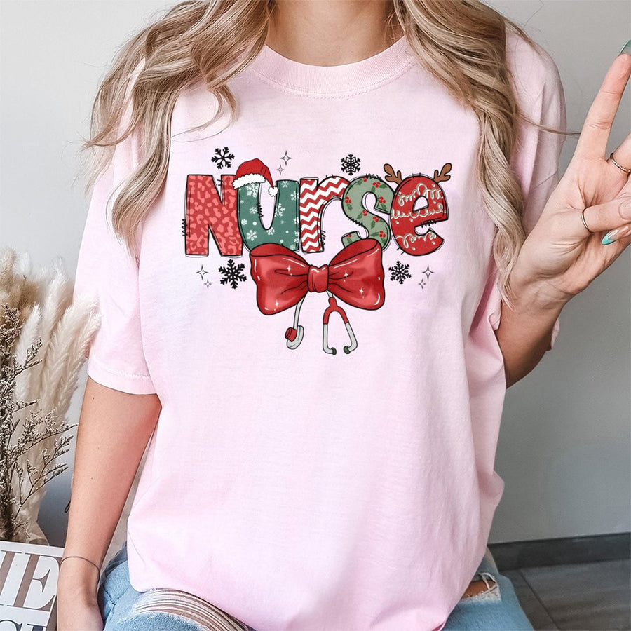 Christmas Nurse T-Shirt | Festive Stethoscope & Bow Design | 100% Cotton Premium Tee | Holiday Gift for RN LPN Nursing Students