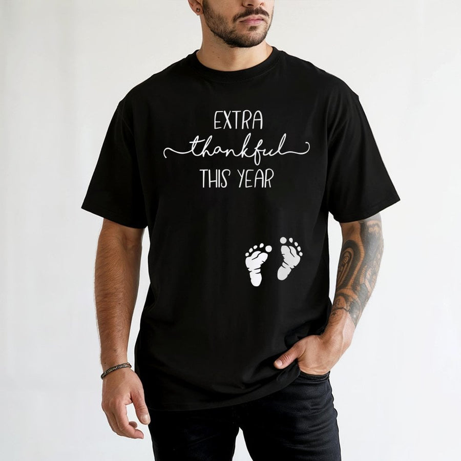 Extra Thankful This Year T-Shirt | Pregnancy Announcement Thanksgiving Tee | Premium 100% Cotton | Cute Baby Footprint Gift for Expectant Moms