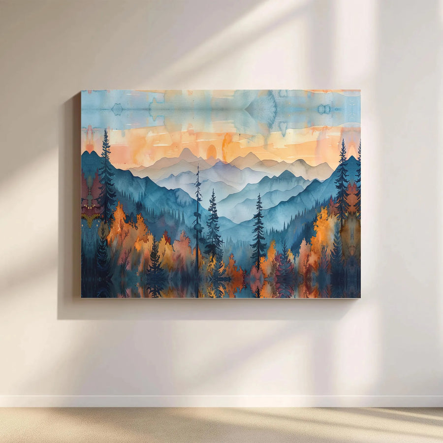 Watercolor Mountain Canvas Print | Autumn Forest Landscape Wall Art | Gallery Wrapped Premium Decor | Nature Lover Gift