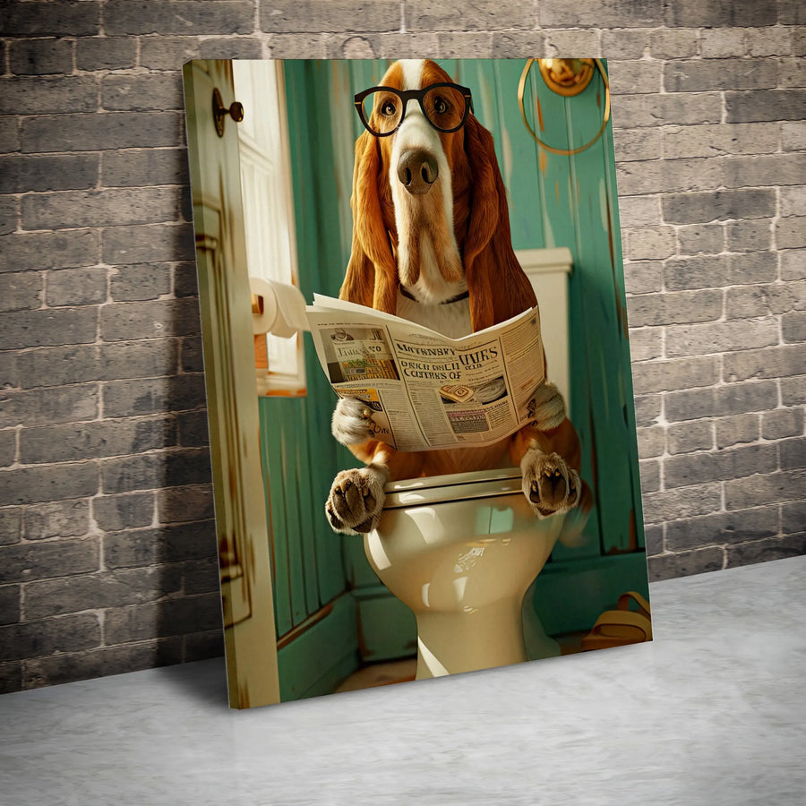 Basset Hound Wall Art | Funny Dog Reading Newspaper On Toilet | Premium Gallery Canvas | Humorous Bathroom Decor Gift