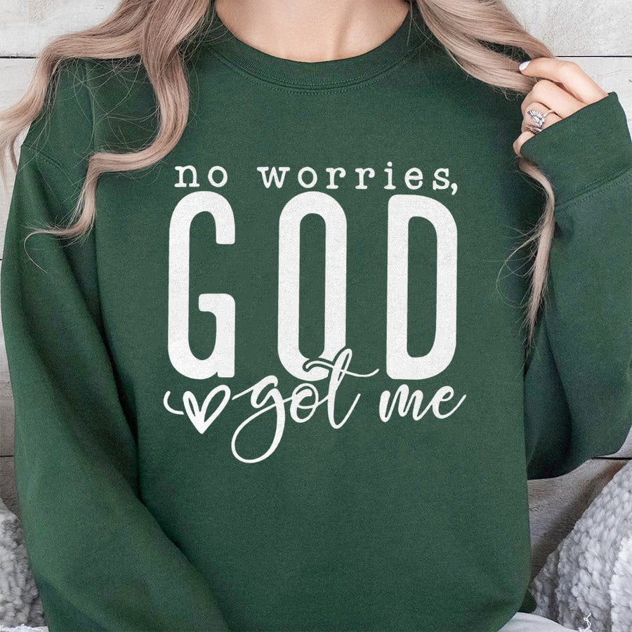 No Worries God Got Me Sweatshirt | Christian Faith Graphic Crewneck | Premium Cotton-Poly Blend | Religious Gift for Men and Women