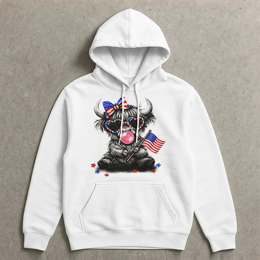 4th of July Highland Cow Hoodie | Patriotic American Flag Cowgirl Graphic | Premium Soft Pullover | USA Western Gift for Her