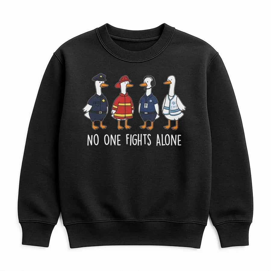 Emergency Responder Duck Sweatshirt | No One Fights Alone Graphic | Premium Cotton Blend | Funny First Responder Gift for Firefighter Police EMT