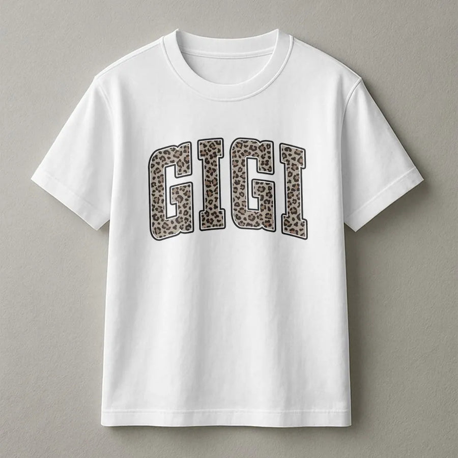 Gigi Leopard Print Shirt | Varsity Letter Graphic Tee | Soft Cotton Top | New Grandma Mother's Day Gift