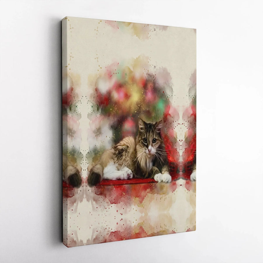 Fluffy Cat Canvas Wall Art | Festive Watercolor Animal Portrait | Premium Fade-Resistant Print | Gift for Cat Lovers & Pet Owners