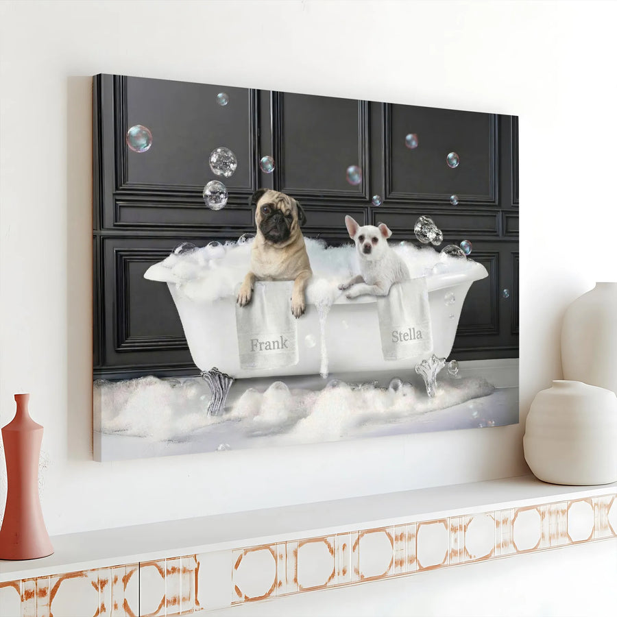 Funny Dog Bathroom Canvas Art | Pug and Chihuahua in a Bubble Bath Portrait | Premium Gallery Wrapped Print | Unique Wall Decor Gift for Pet Lovers