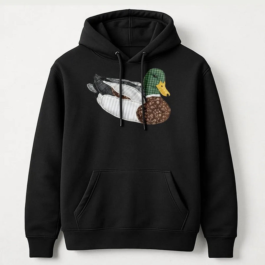 Mallard Duck Hoodie | Faux Patchwork Quilt Style Graphic | Cozy Cotton Blend Sweatshirt | Gift for Bird Watcher & Nature Lover