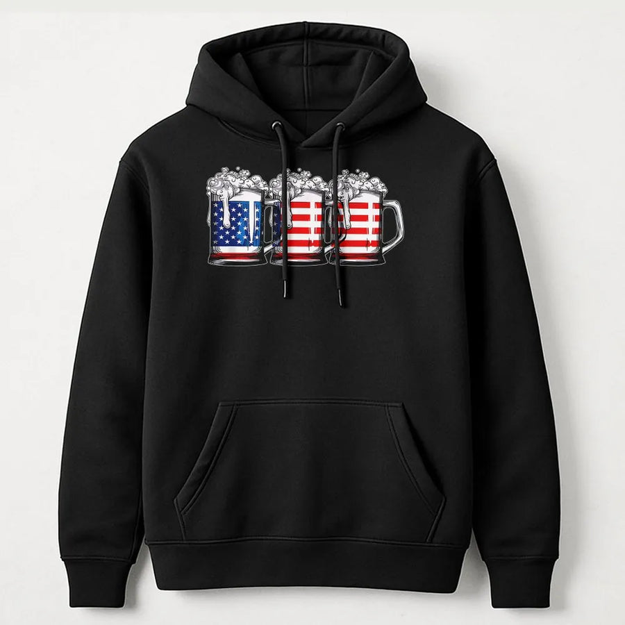 American Flag Beer Hoodie | Patriotic Drinking Graphic Design | Soft Cotton-Polyester Blend | July 4th BBQ Gift for Beer Lovers