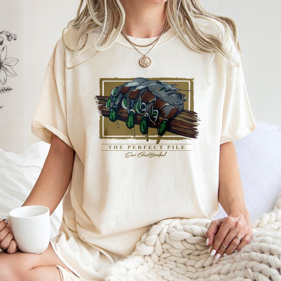 Mallard Duck Hunting T-Shirt | The Perfect Pile Graphic Design | 100% Cotton Premium Apparel | Outdoor Wildlife Gift for Hunters