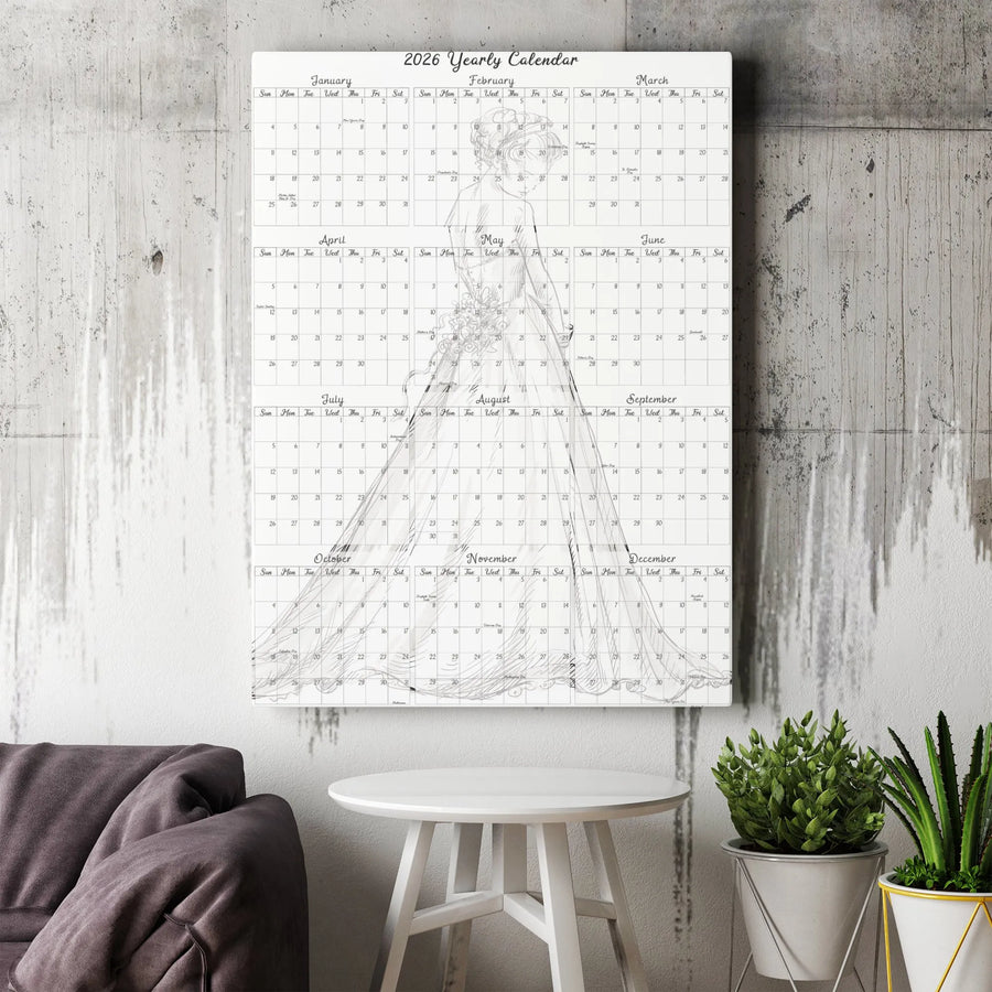 2026 Yearly Calendar Canvas Print | Elegant Wedding Dress Illustration | Premium Gallery Wrapped Wall Art | Wedding Keepsake Gift for Bride