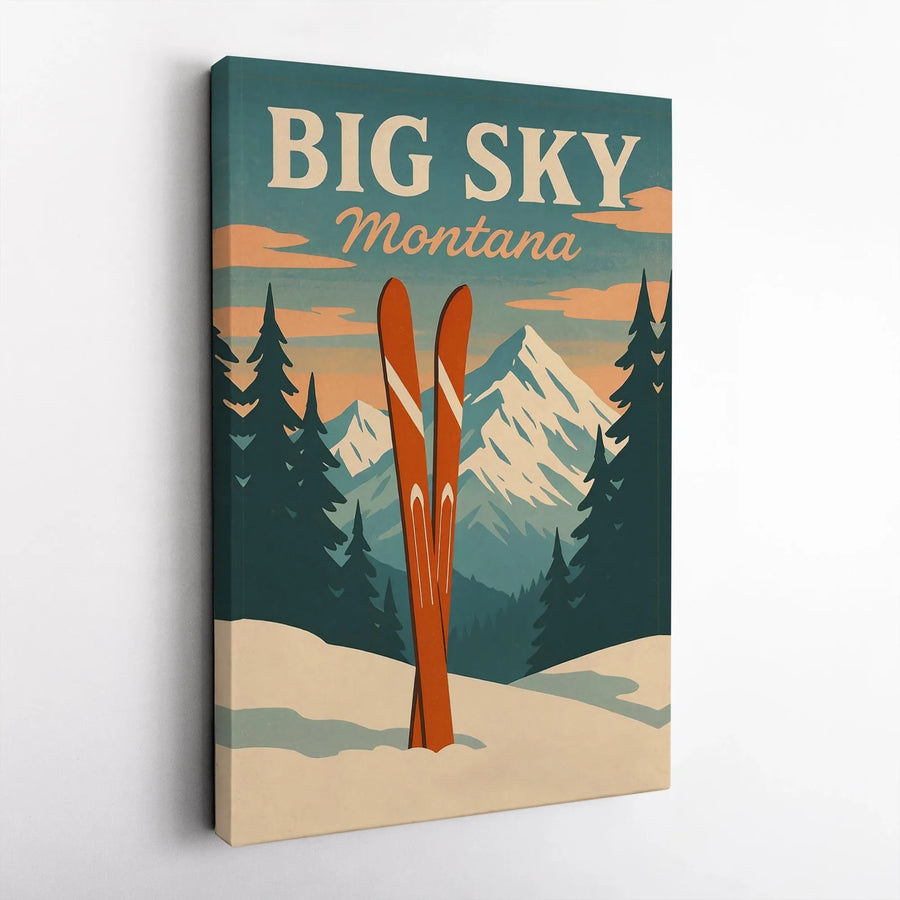Big Sky Montana Canvas Wall Art | Vintage Ski Resort Travel Poster | Premium Gallery Wrap Decor | Skiing Gift For Lodge Cabin Home