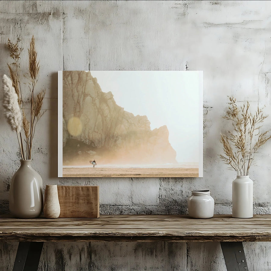 Surfer Beach Canvas Wall Art | Lone Surfer at Golden Hour Mist | Premium Gallery Quality Print | Boho Coastal Home Decor Gift