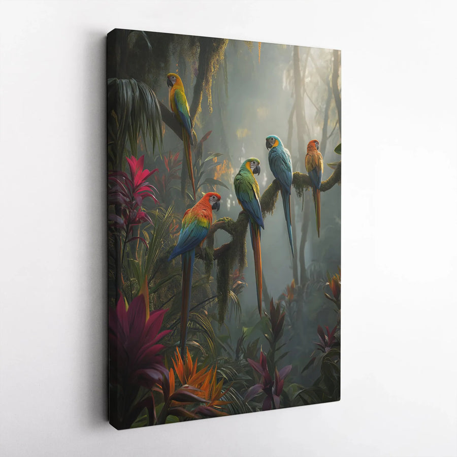 Rainforest Parrots Canvas Wall Art | Vibrant Tropical Jungle Scene with Macaw Birds | Premium Frameless Canvas | Nature Lover Gift for Living Room Decor