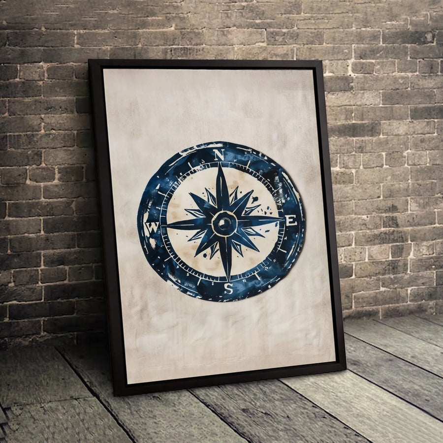 Nautical Compass Rose Canvas Wall Art | Navy Blue Rustic Map Print | Premium Fade-Resistant Gallery Wrap | Coastal Living Home Decor Gift