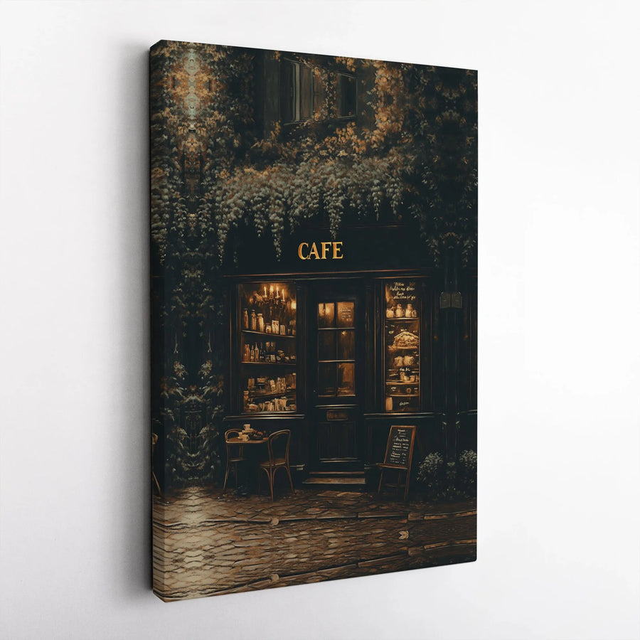 Parisian Cafe Wall Art | Moody Night Street Scene Print | Premium Gallery Wrapped Canvas | Elegant Home Office Decor Gift