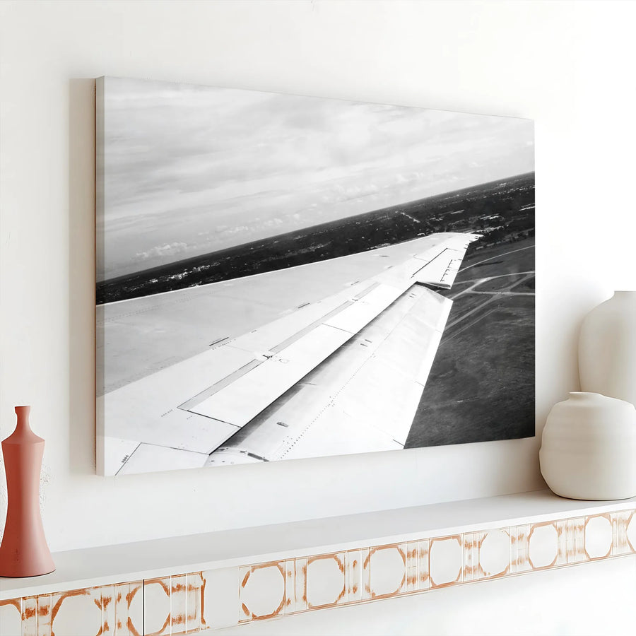 Airplane Wing Canvas Print | Black and White Aviation Photography | Premium Gallery-Quality Art | Travel Themed Home Decor Gift for Pilot