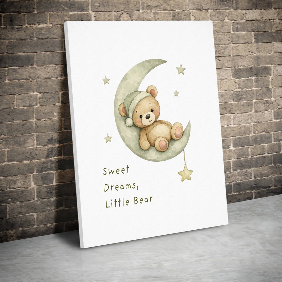 Nursery Wall Art Canvas | Watercolor Teddy Bear on Moon | Premium 1.25-Inch Gallery Wrap | Sweet Dreams Baby Room Decor Gift