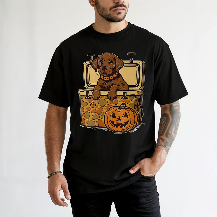 Chocolate Labrador Halloween T-Shirt | Camo Cooler Puppy Graphic | Premium 100% Cotton | Fall Hunting Dog Lover Gift