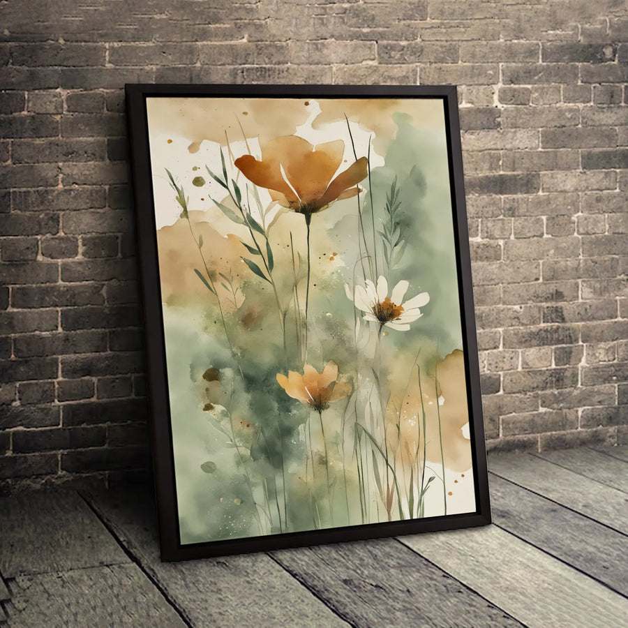 Wildflower Watercolor Canvas Print | Soft Orange and Sage Green Floral Art | Premium Fade-Resistant Gallery Wrap | Modern Home Decor Gift