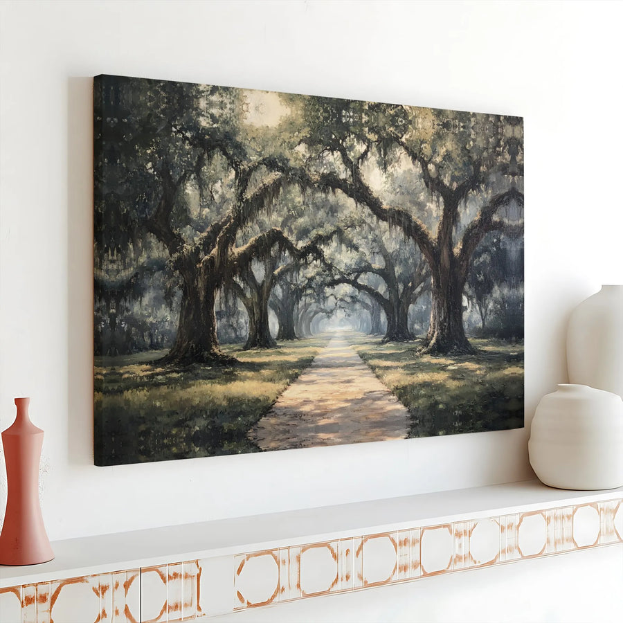 Southern Live Oak Tree Path Horizontal Canvas | Spanish Moss Forest Landscape Painting | Premium 1.25" Gallery Wrap Art | Serene Nature Wall Decor Gift